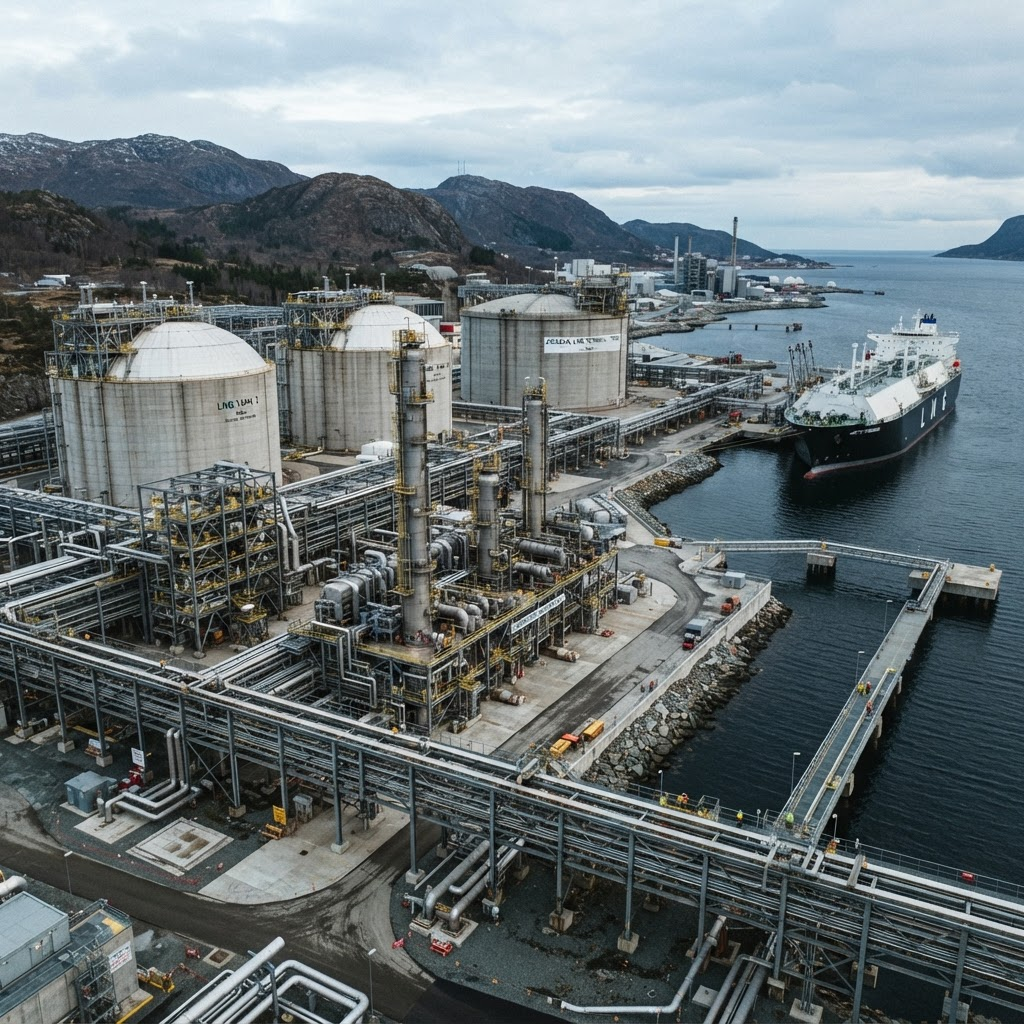 Large-scale LNG storage tanks and liquefaction trains at a coastal export terminal