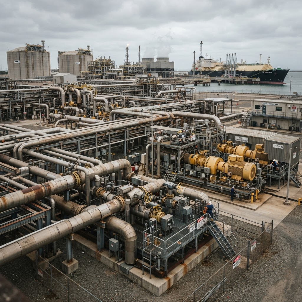 Heavy natural gas pipeline and compressor infrastructure at an LNG terminal